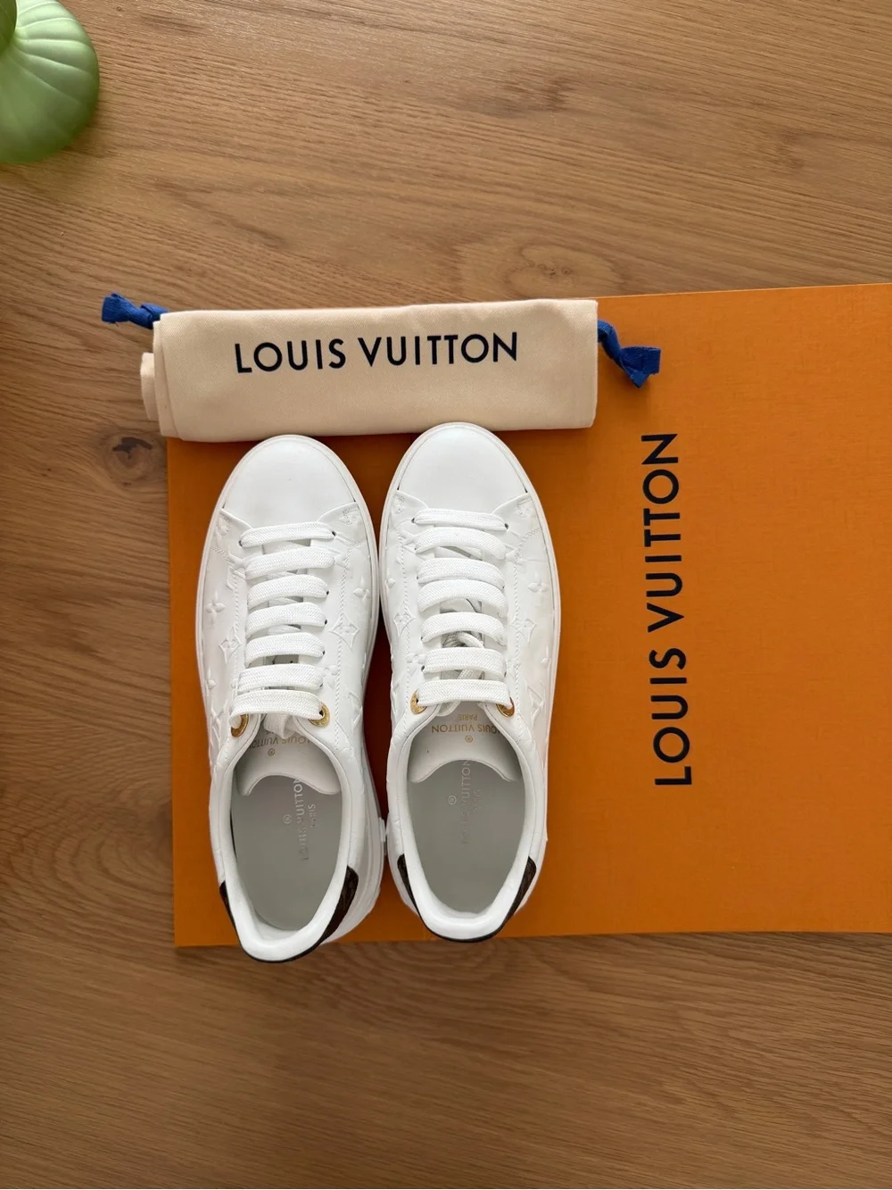 Louis Vuitton White Monogram Embossed Leather Sneakers with Brown Heel